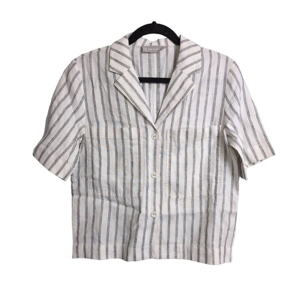 EVERLANE Linen Notch Shirt White Striped Collar Short Sleeve Button Up Camp XXS